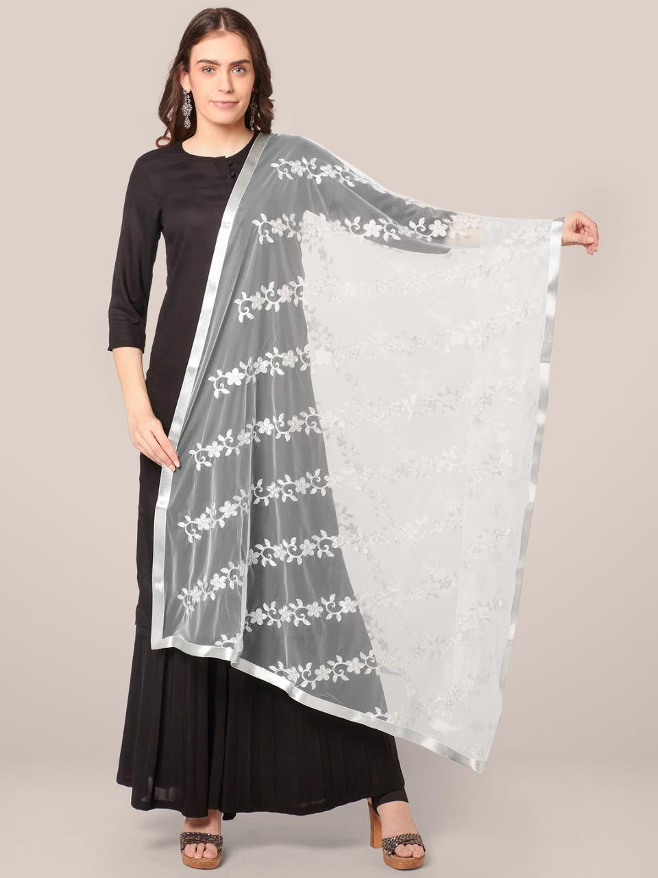 Embroidered Silver Net Dupatta with Satin Border freeshipping - Dupatta Bazaar