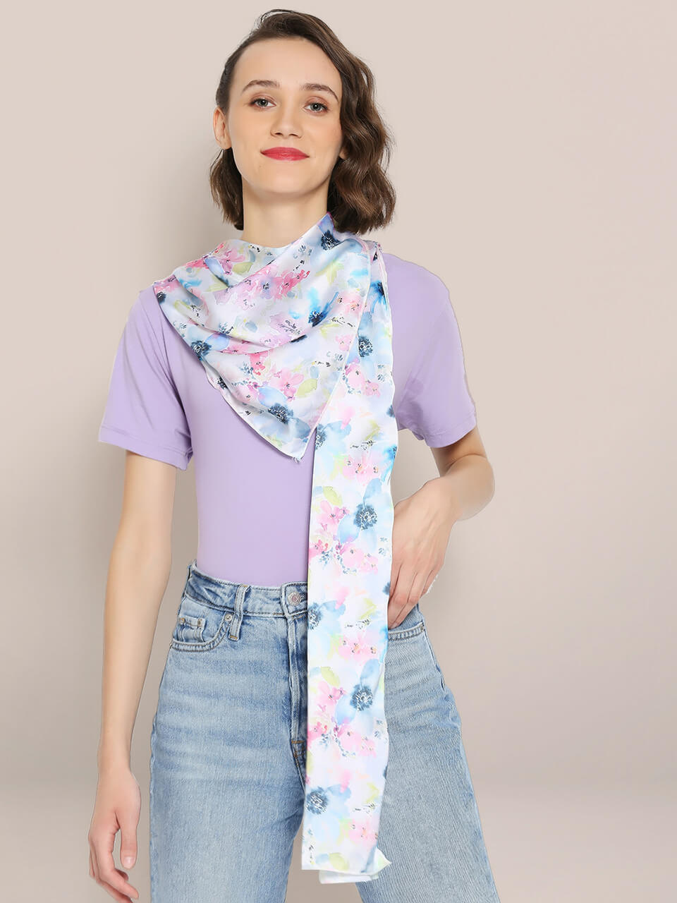 Blue & Multicolor Printed Satin Scarf 