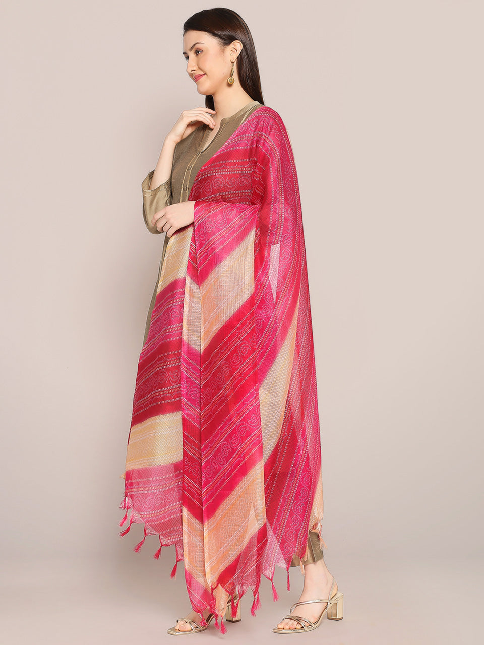 Digital Printed Pink & Beige Bandhini Kota Doria Dupatta freeshipping - Dupatta Bazaar