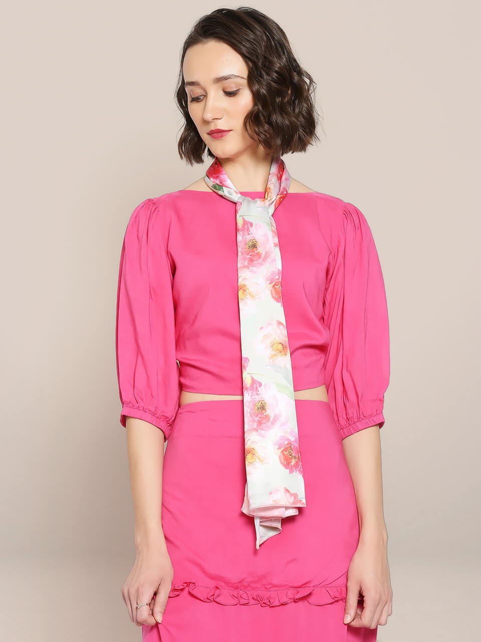 Pink & Multicolor Printed Satin Scarf