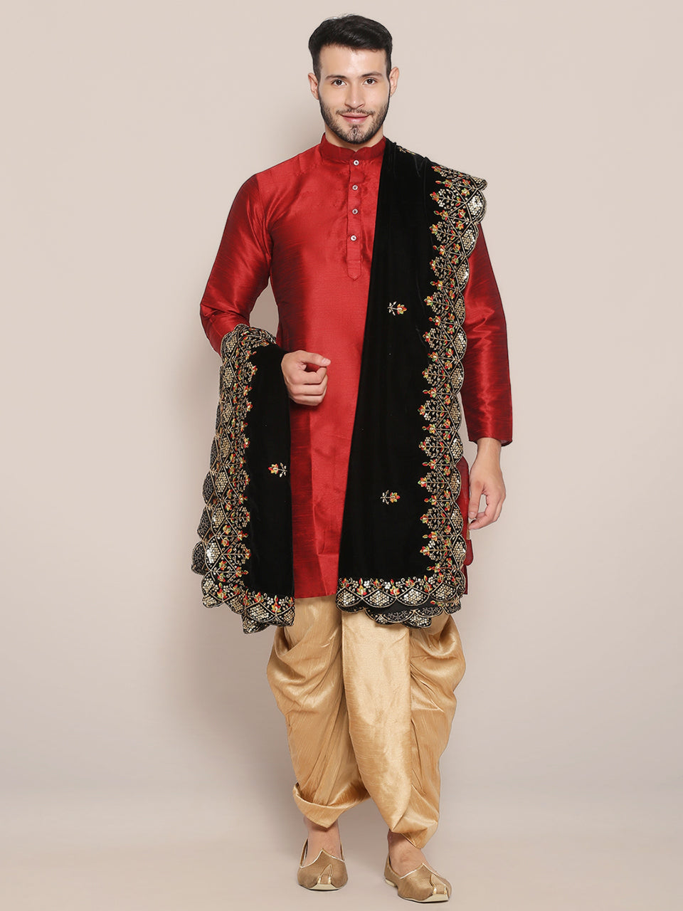 Men's Black Velvet Dupatta with Multicolour Embroidery freeshipping - Dupatta Bazaar