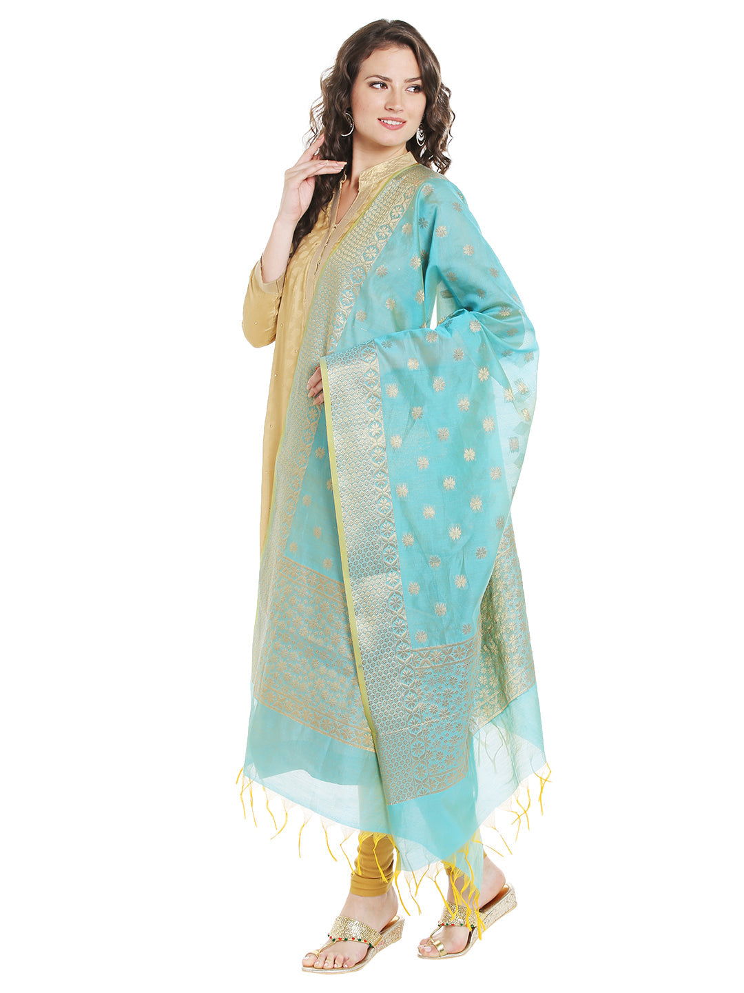 Dupatta Bazaar Women's Benarasi Silk Woven Blue & Gold dupatta - Dupatta Bazaar