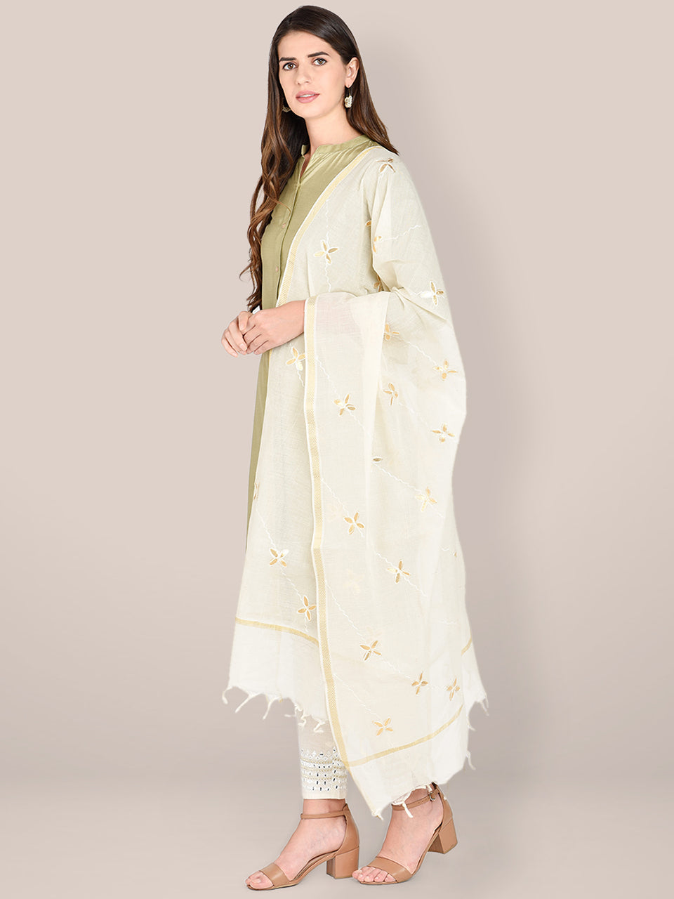 Cream Cotton Dupatta with Gotta Patti Work freeshipping - Dupatta Bazaar