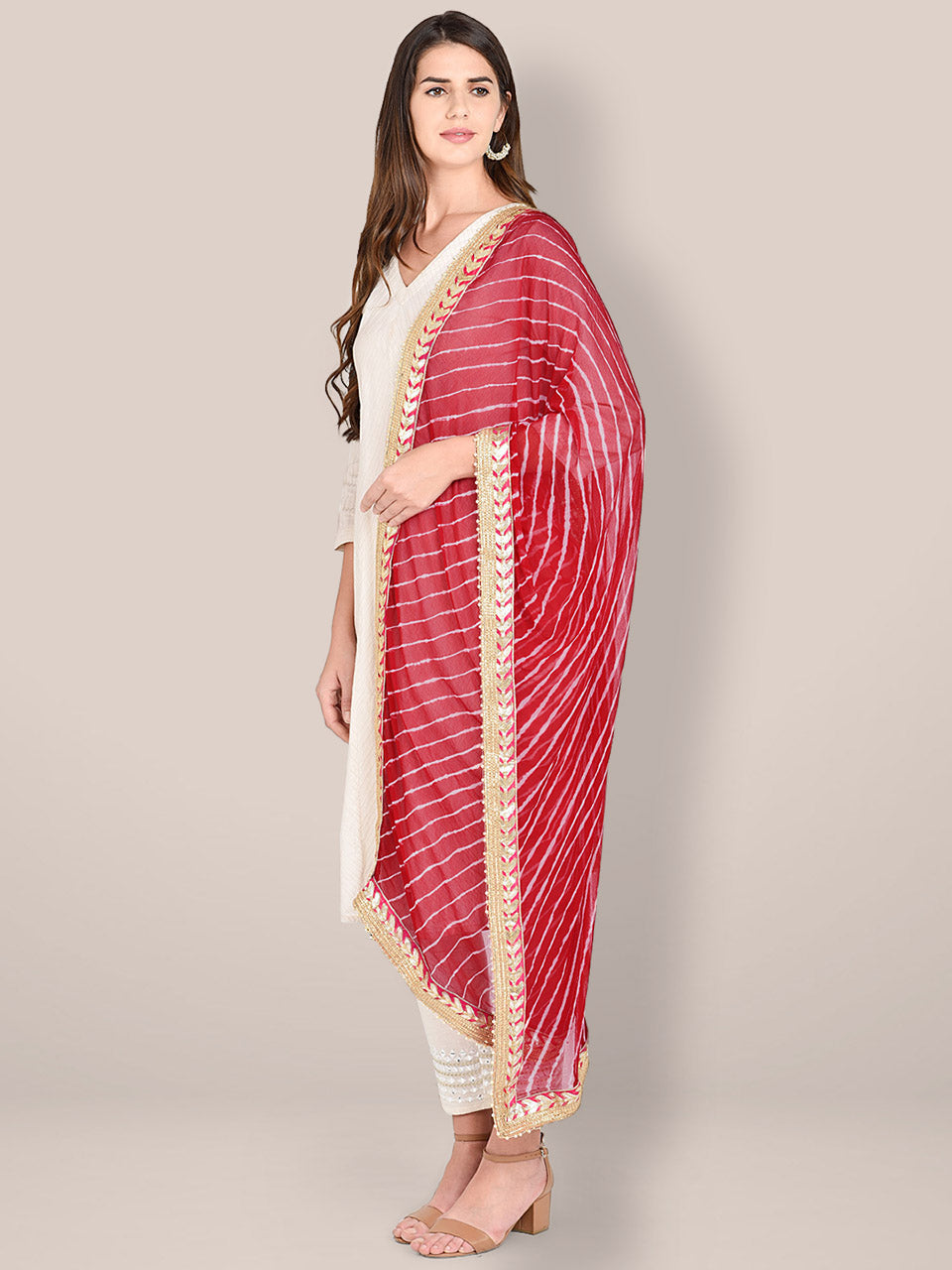 Red Leharia Chiffon Dupatta with Gotta Patti Border freeshipping - Dupatta Bazaar