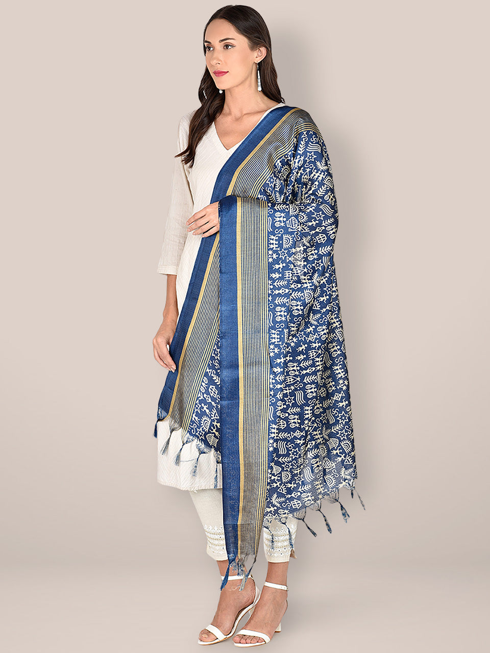Floral Printed Blue & White Art Silk Dupatta freeshipping - Dupatta Bazaar