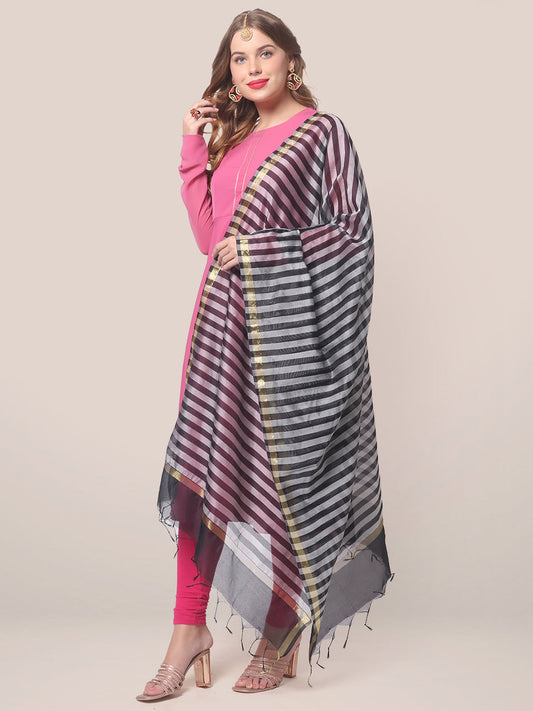 Blended Silk Dupatta with Black and Silver stripes freeshipping - Dupatta Bazaar