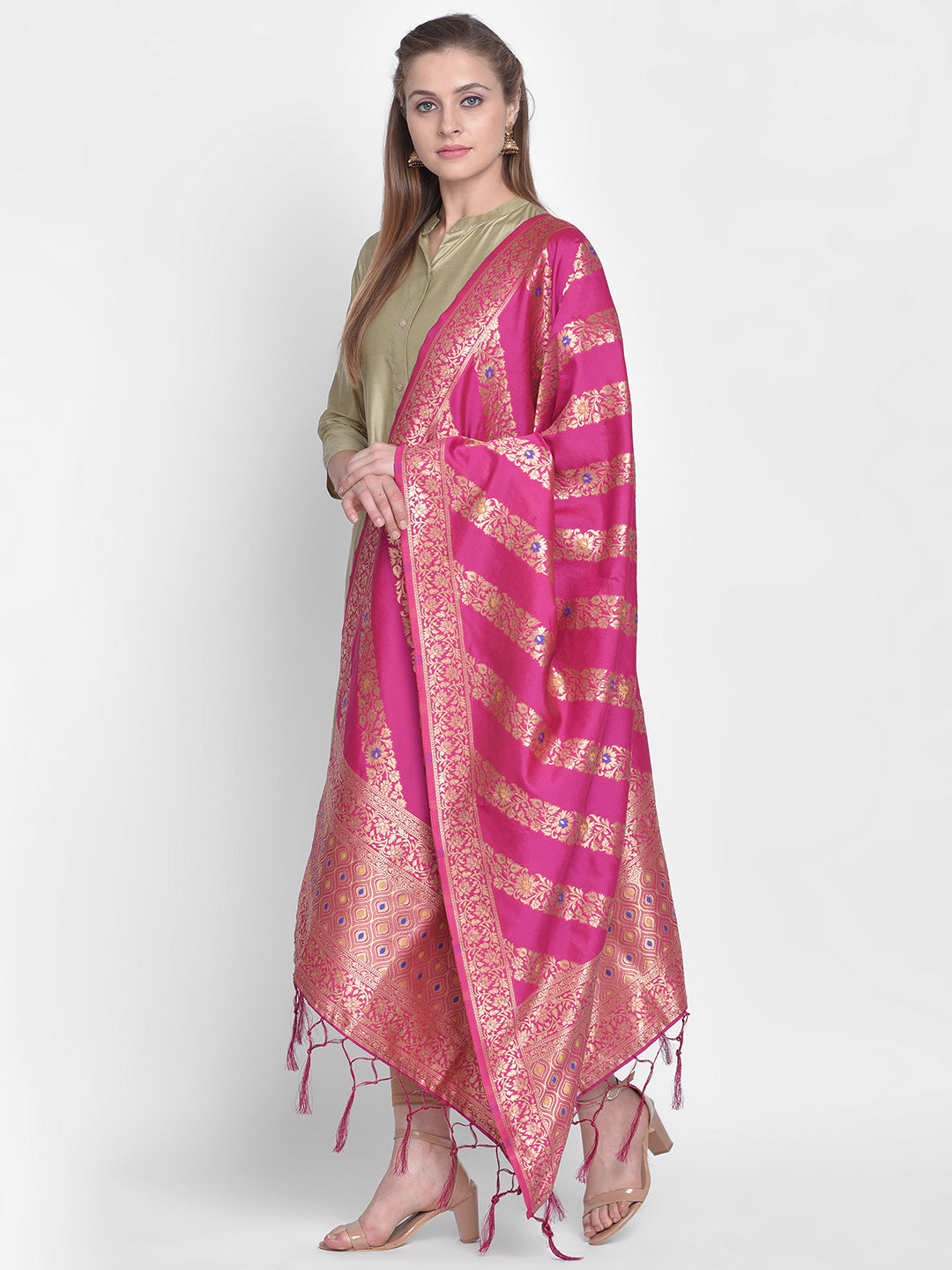 Dupatta Bazaar Woman's Pink Banarasi Silk Dupatta with floral design. - Dupatta Bazaar