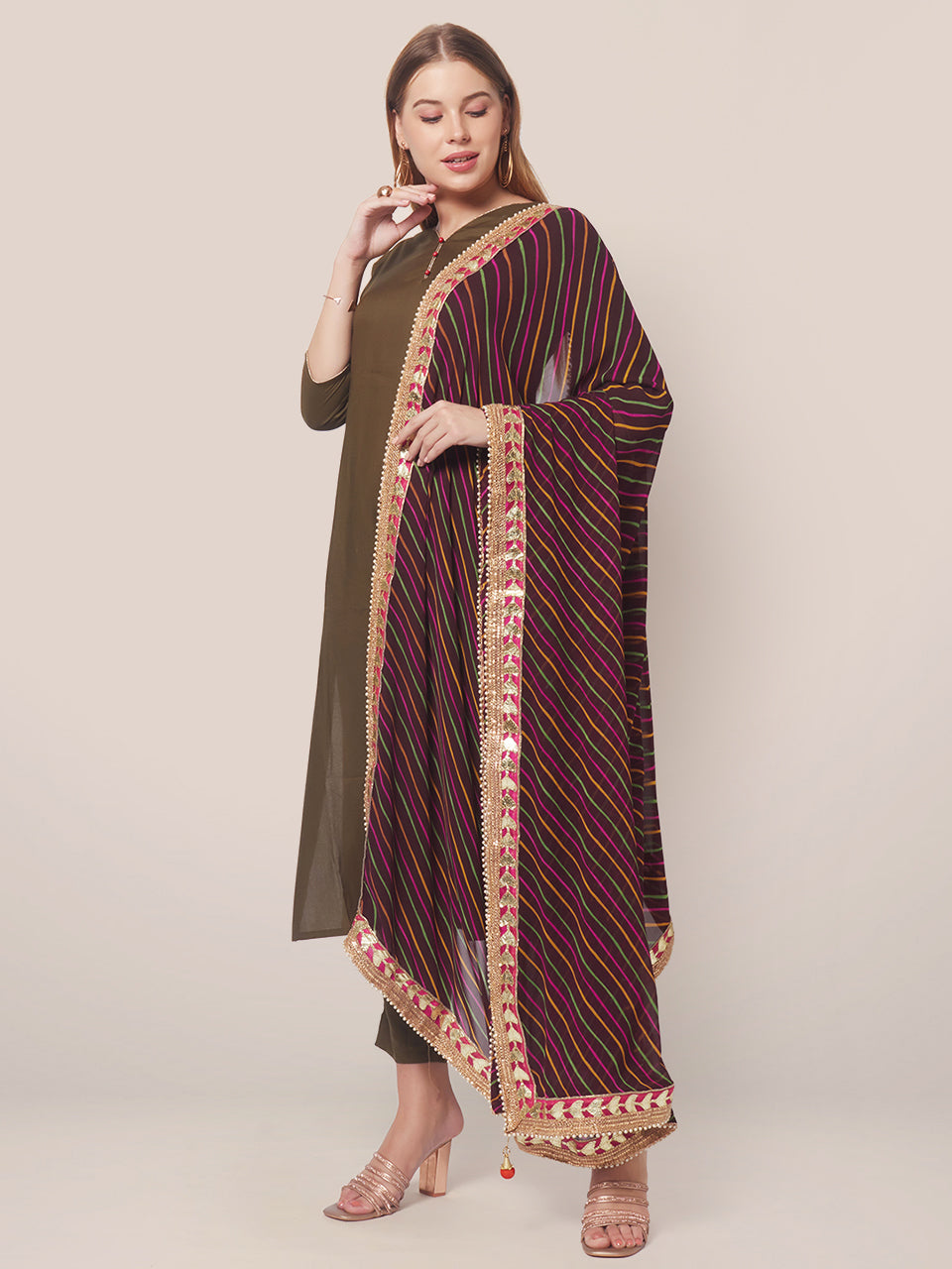 Georgette dupatta with Multi Colour Stripes  and Gotta Patti border freeshipping - Dupatta Bazaar