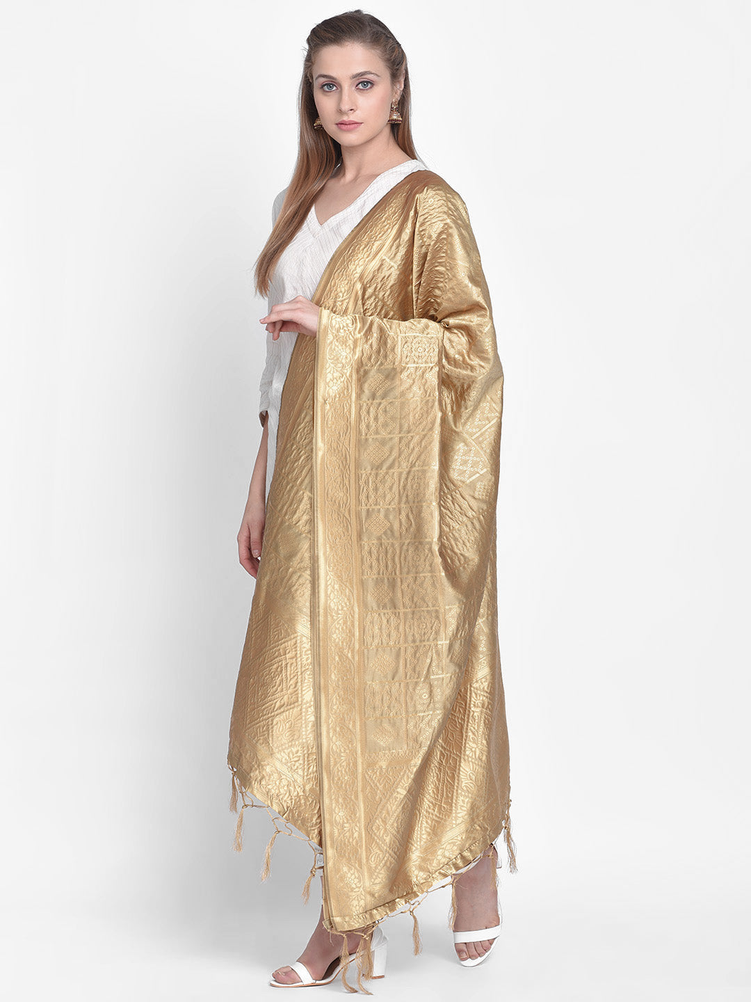 Dupatta Bazaar Woman's Gold Banarasi Silk Dupatta with Bhandej design. - Dupatta Bazaar