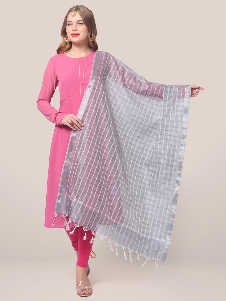 Checkered Silver Grey Blended Silk Dupatta freeshipping - Dupatta Bazaar
