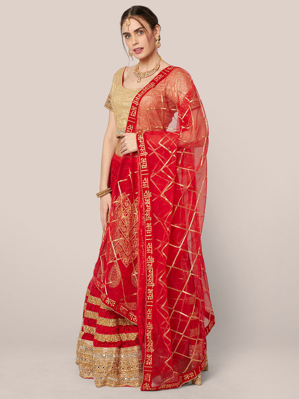 Red Bridal Sada Saubhagyavati Bhav Organza Dupatta freeshipping - Dupatta Bazaar