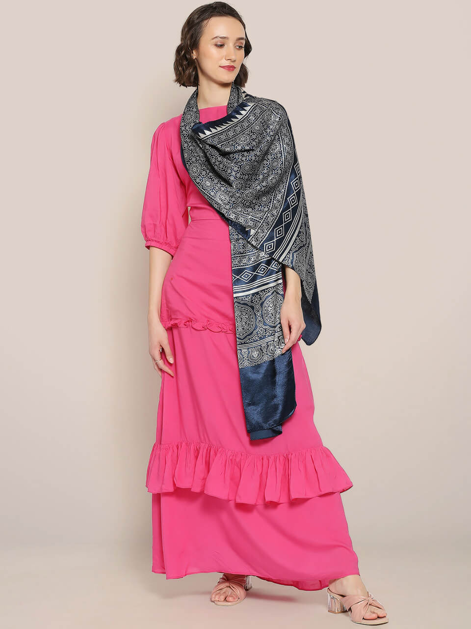 Ajrakh Hand Block Printed Blue Mushru Stole 