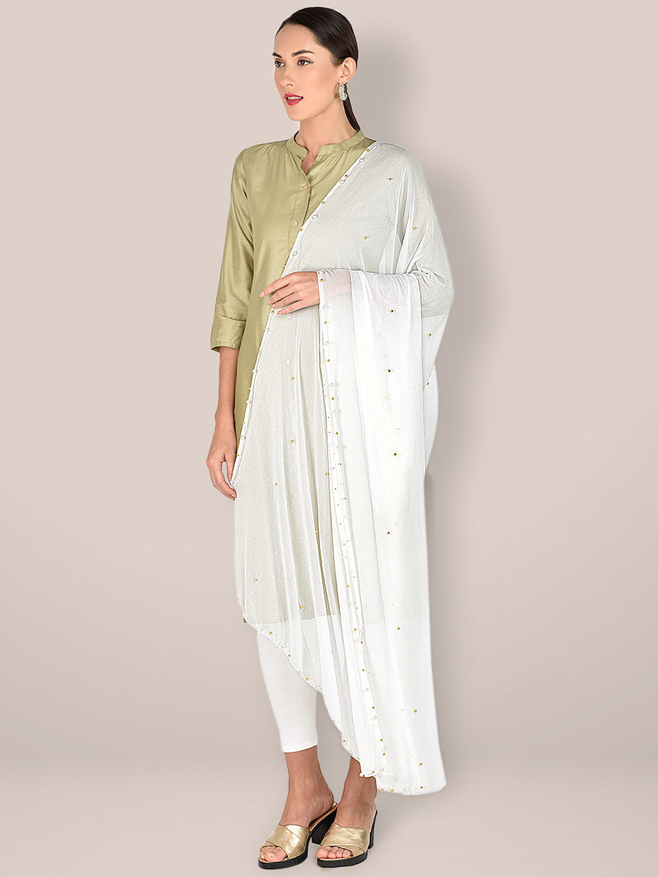 Offf White Chiffon Dupatta  with Pearls & Beads freeshipping - Dupatta Bazaar