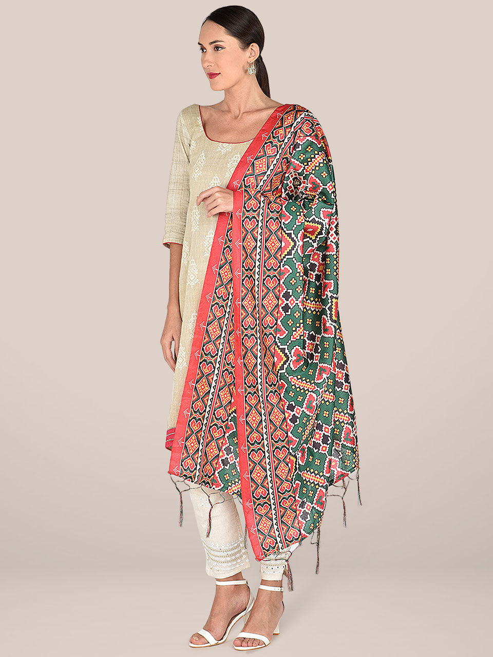 Aztec Printed Green & Red Art Silk Dupatta freeshipping - Dupatta Bazaar