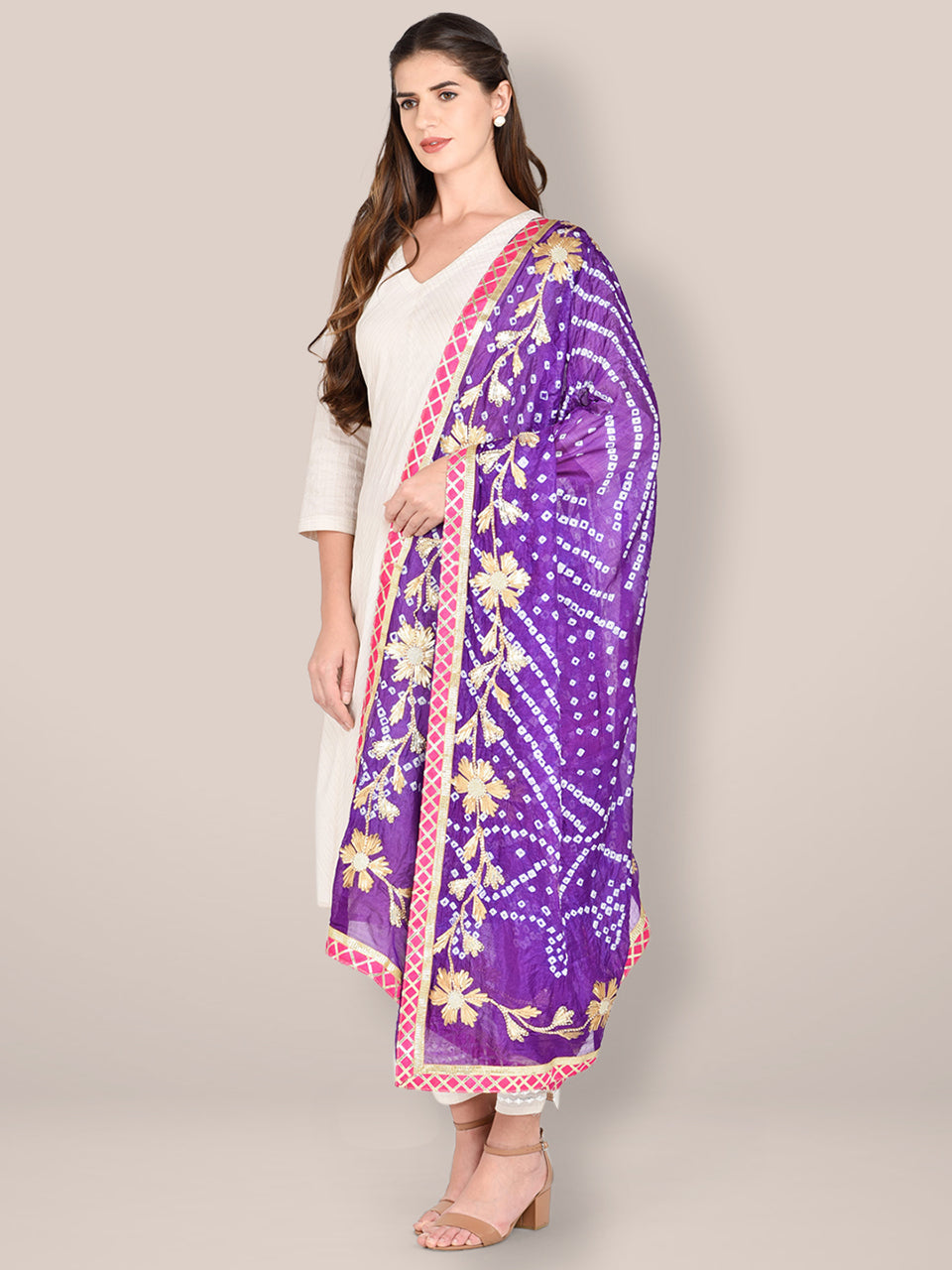 Purple Bandhini Dupatta with Gotta Patti Work. freeshipping - Dupatta Bazaar