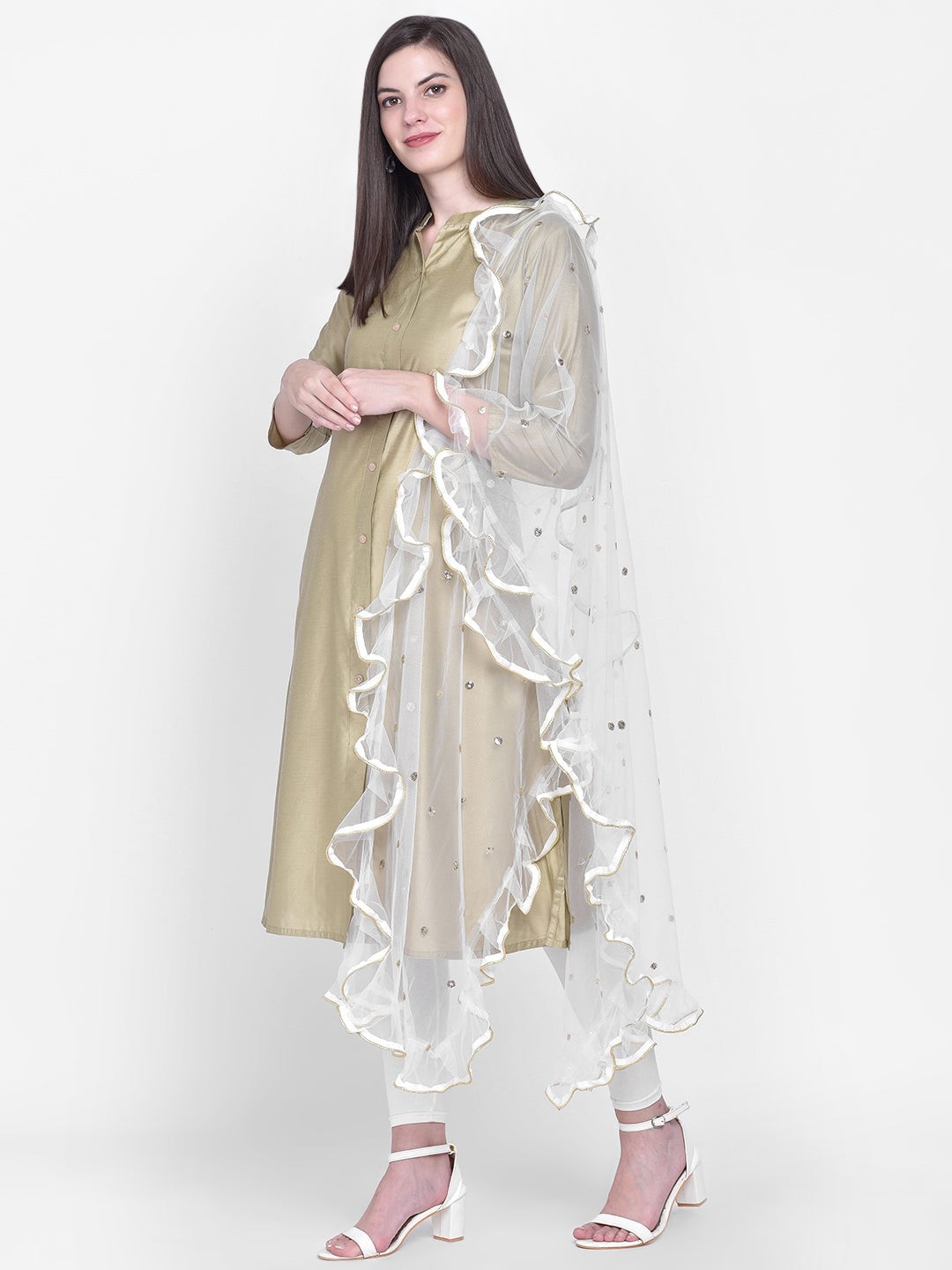 Dupatta Bazaar Woman's White & Gold Organza Dupatta with Ruffles - Dupatta Bazaar
