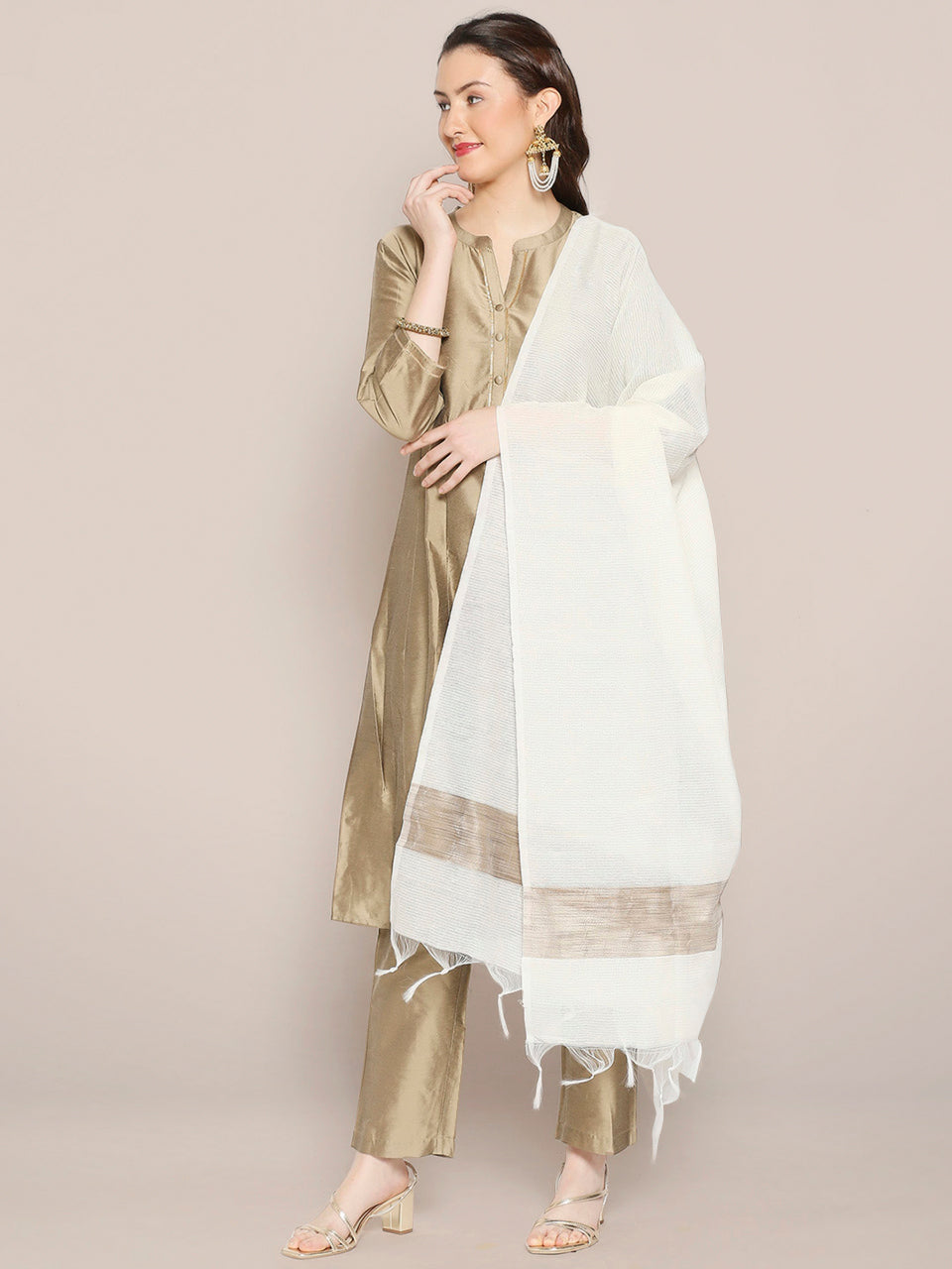 Off White Handloom Cotton dupatta with Brown border freeshipping - Dupatta Bazaar