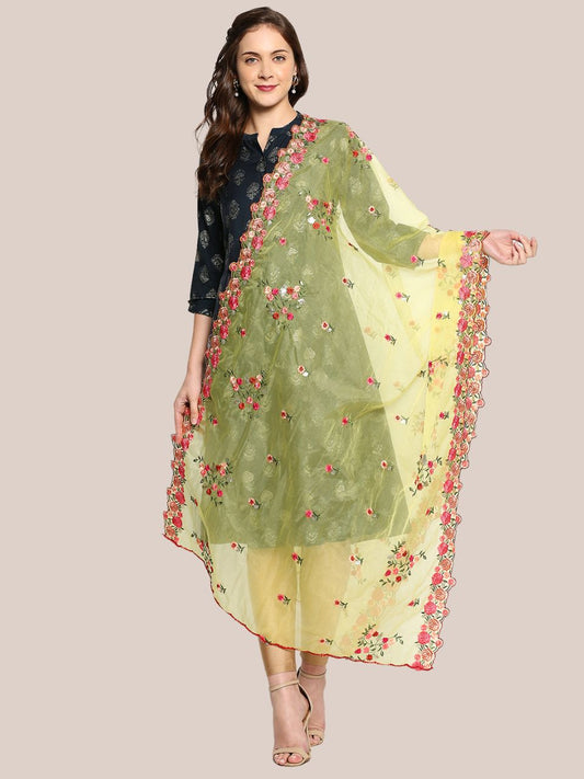 Yellow Organza Dupatta with Multicolor Floral Embroidery