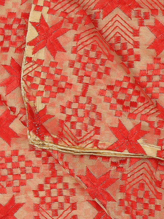 Women's Embroidered Organza Dupatta with Red Phulkari Embroidery