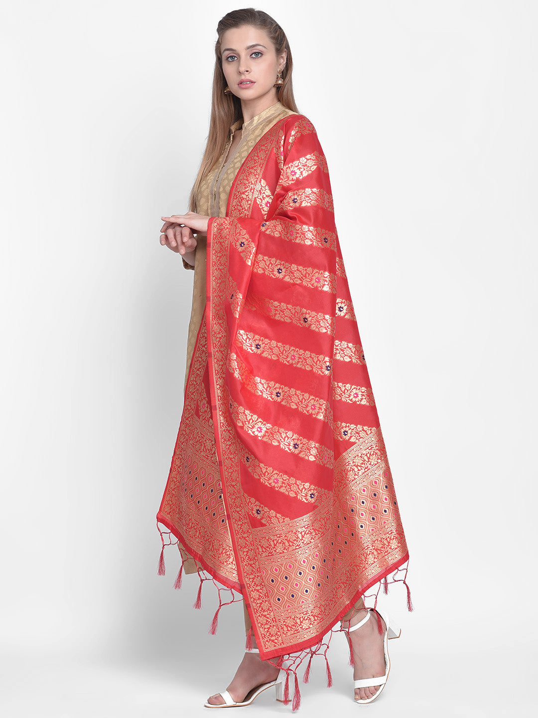 Dupatta Bazaar Woman's Red Banarasi Silk Dupatta with floral design. - Dupatta Bazaar