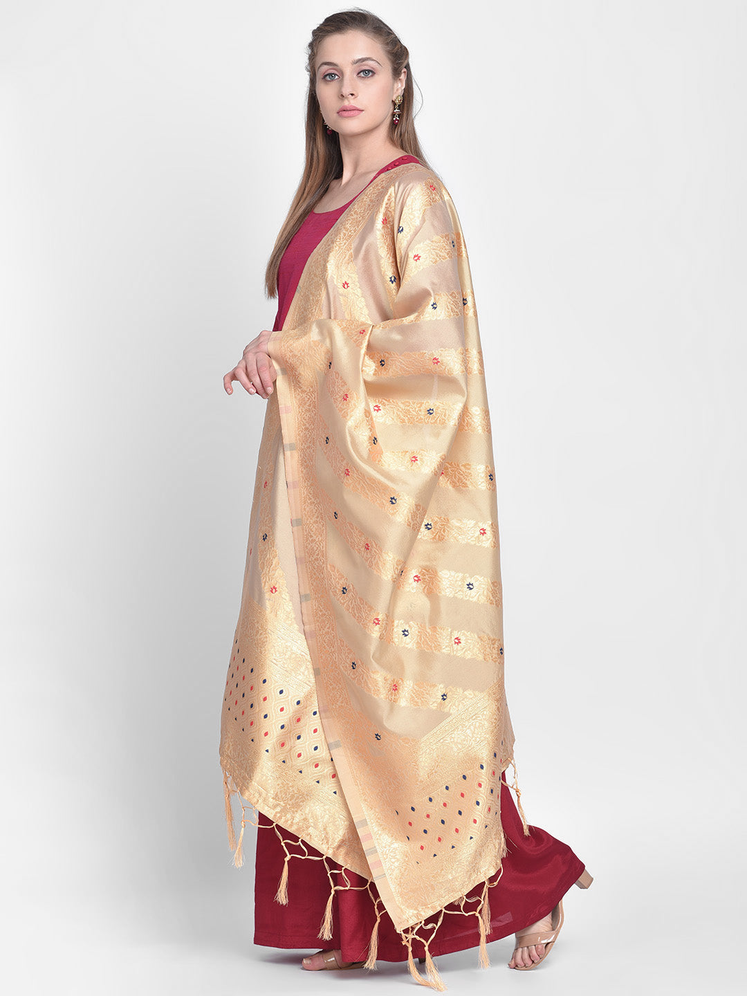 Dupatta Bazaar Woman's Beige Banarasi Silk Dupatta with floral design. - Dupatta Bazaar