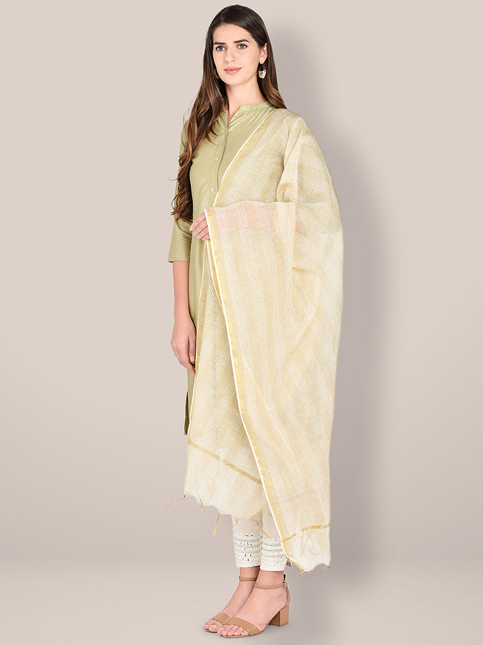 Striped Beige Cotton Dupatta. freeshipping - Dupatta Bazaar