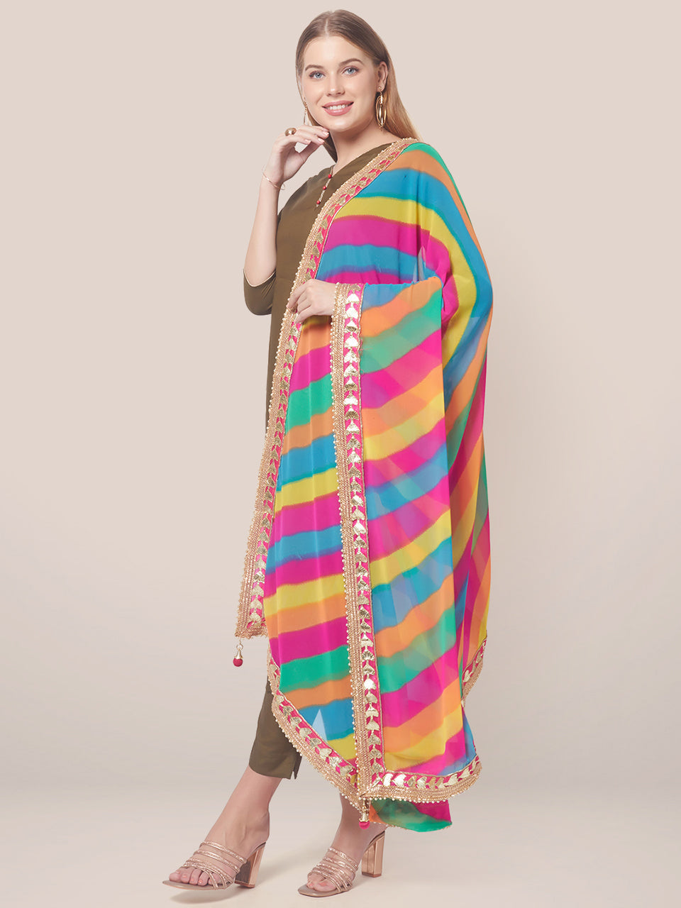 Georgette dupatta with Multi Colour Stripes and Gotta Patti border freeshipping - Dupatta Bazaar