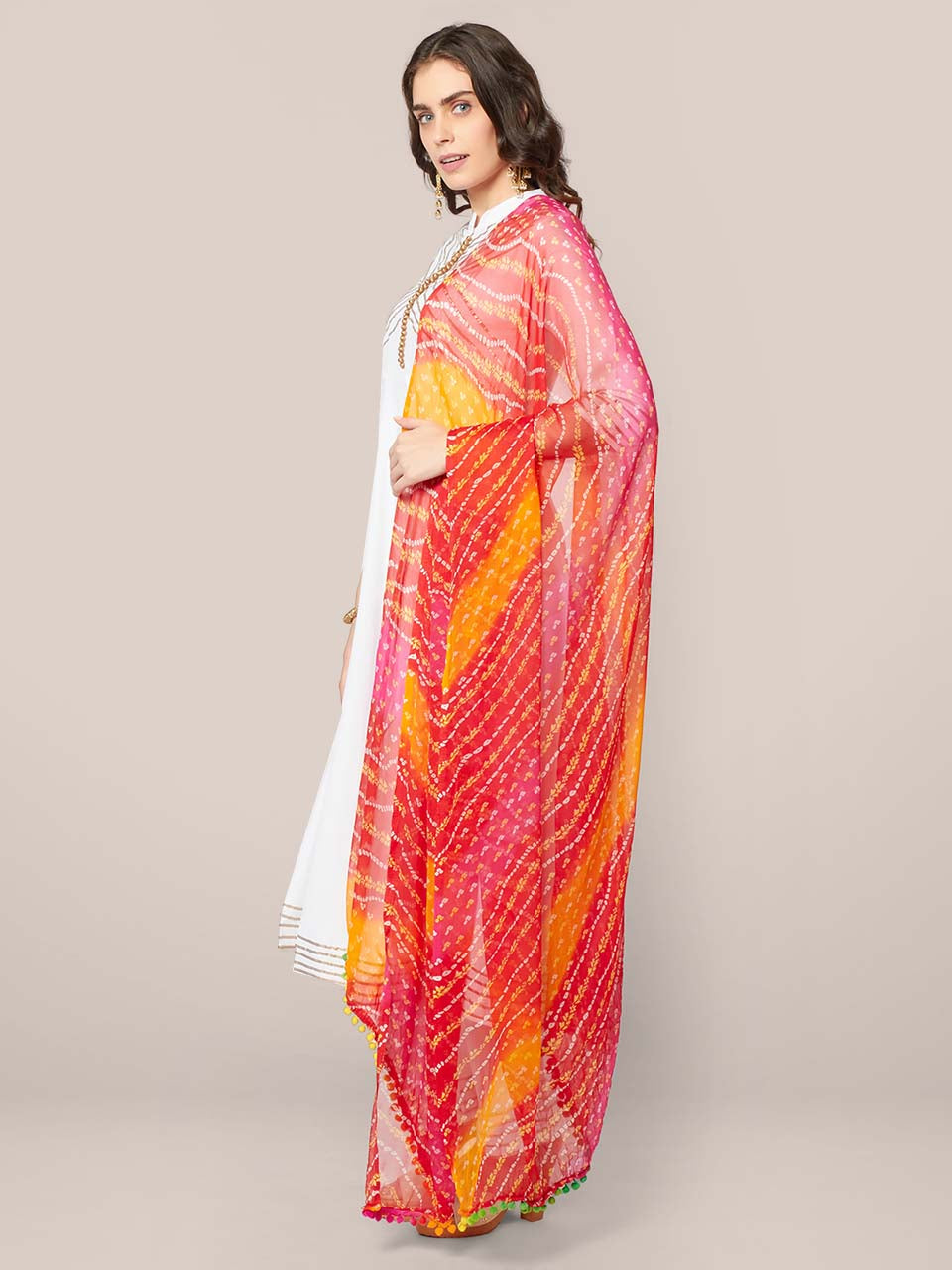 Multicoloured Bandhini Printed chiffon Dupatta with Pompom freeshipping - Dupatta Bazaar