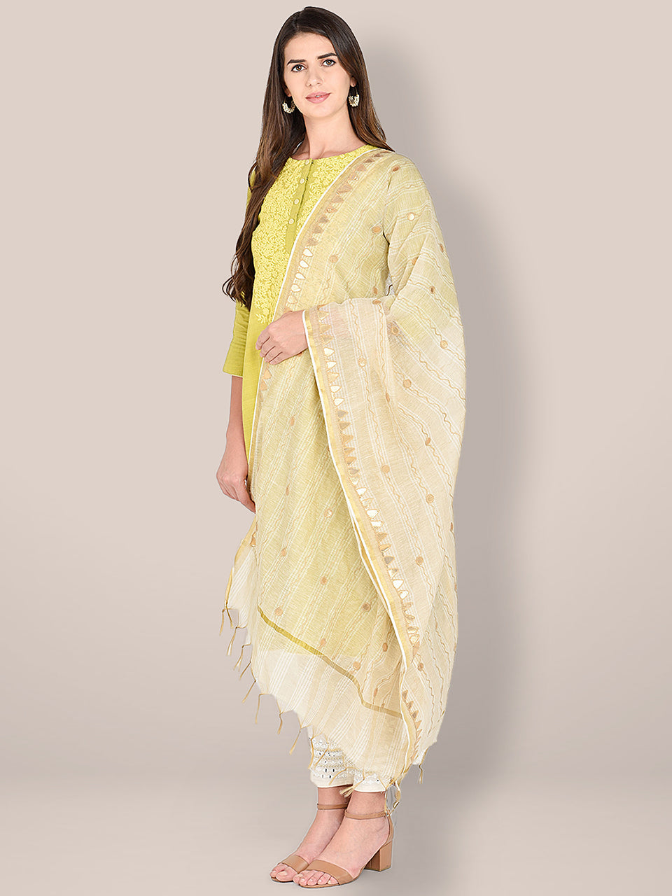Beige Cotton Dupatta with Gotta Patti Work. freeshipping - Dupatta Bazaar