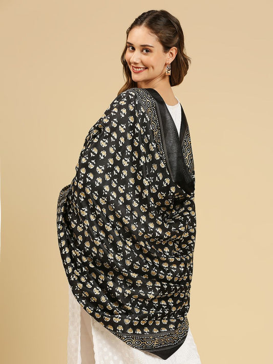 Black & Beige Printed Art Silk Dupatta