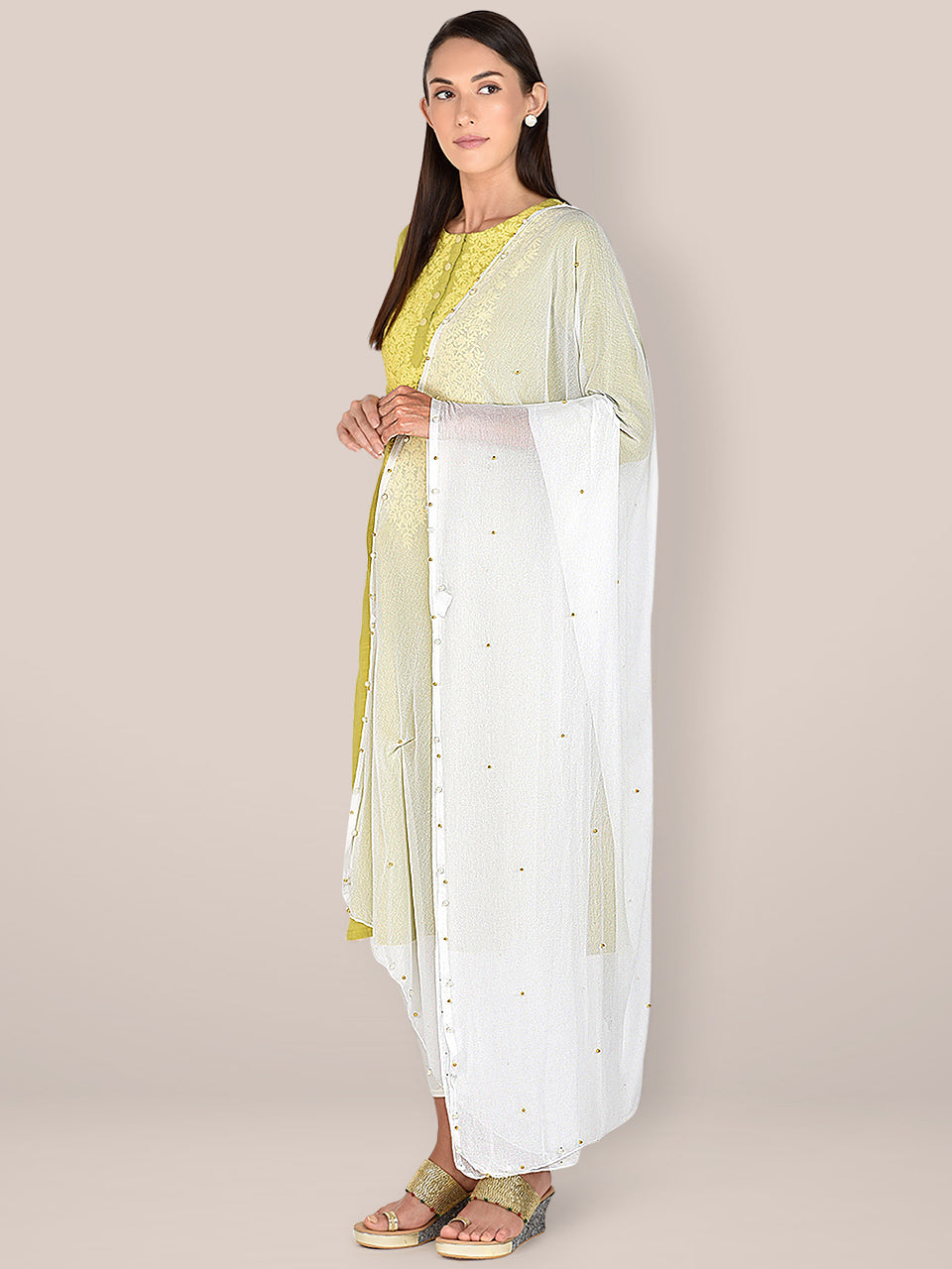 WhiteChiffon Dupatta with Pearls & Beads freeshipping - Dupatta Bazaar