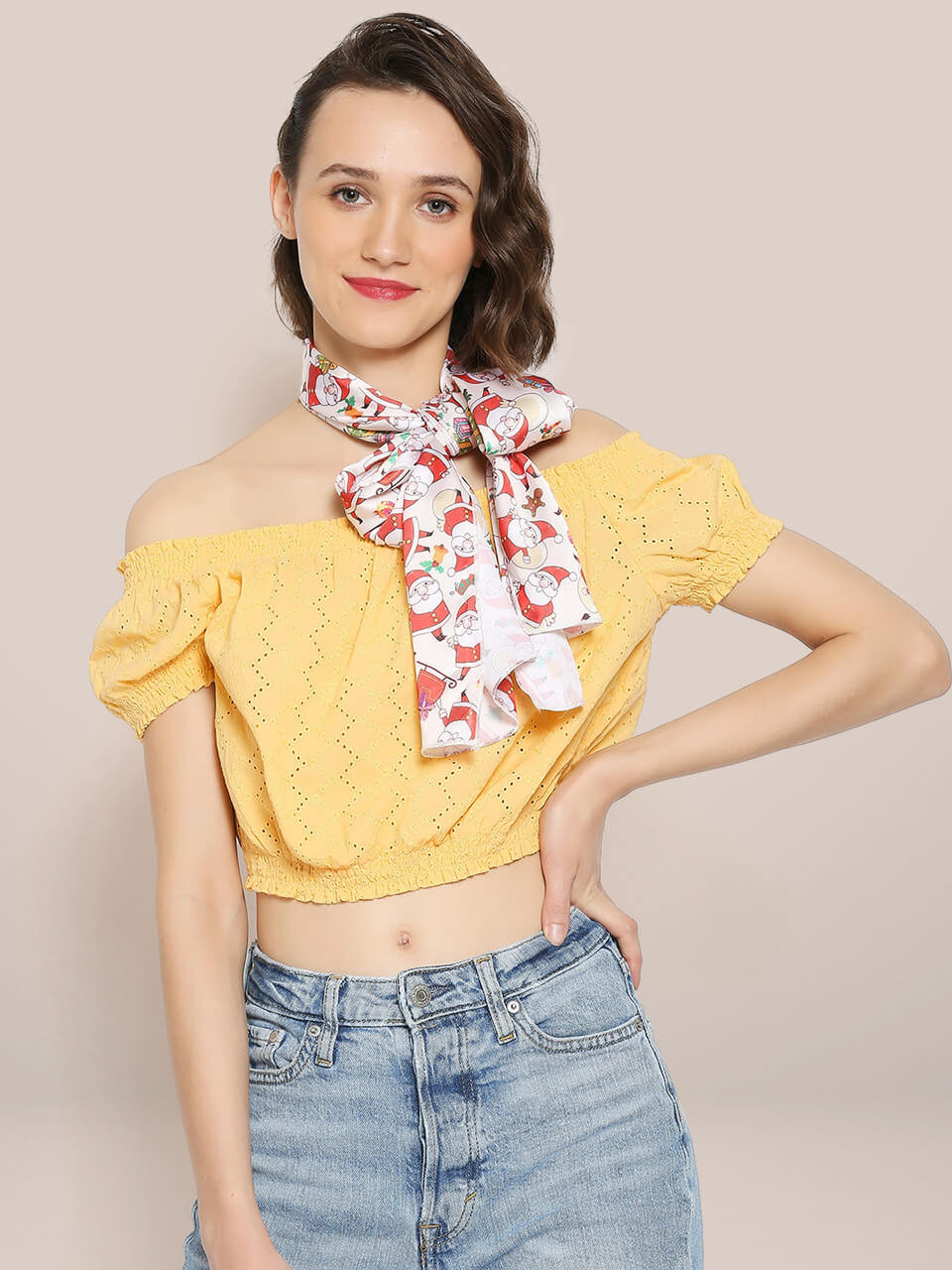 Printed Cream & Multicolor Satin Christmas Holiday Scarf/ Stole 