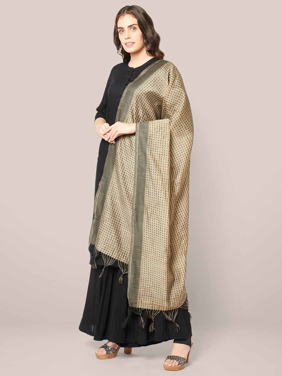 Woven Dark Beige & Black Striped Cotton Chanderi Dupatta freeshipping - Dupatta Bazaar