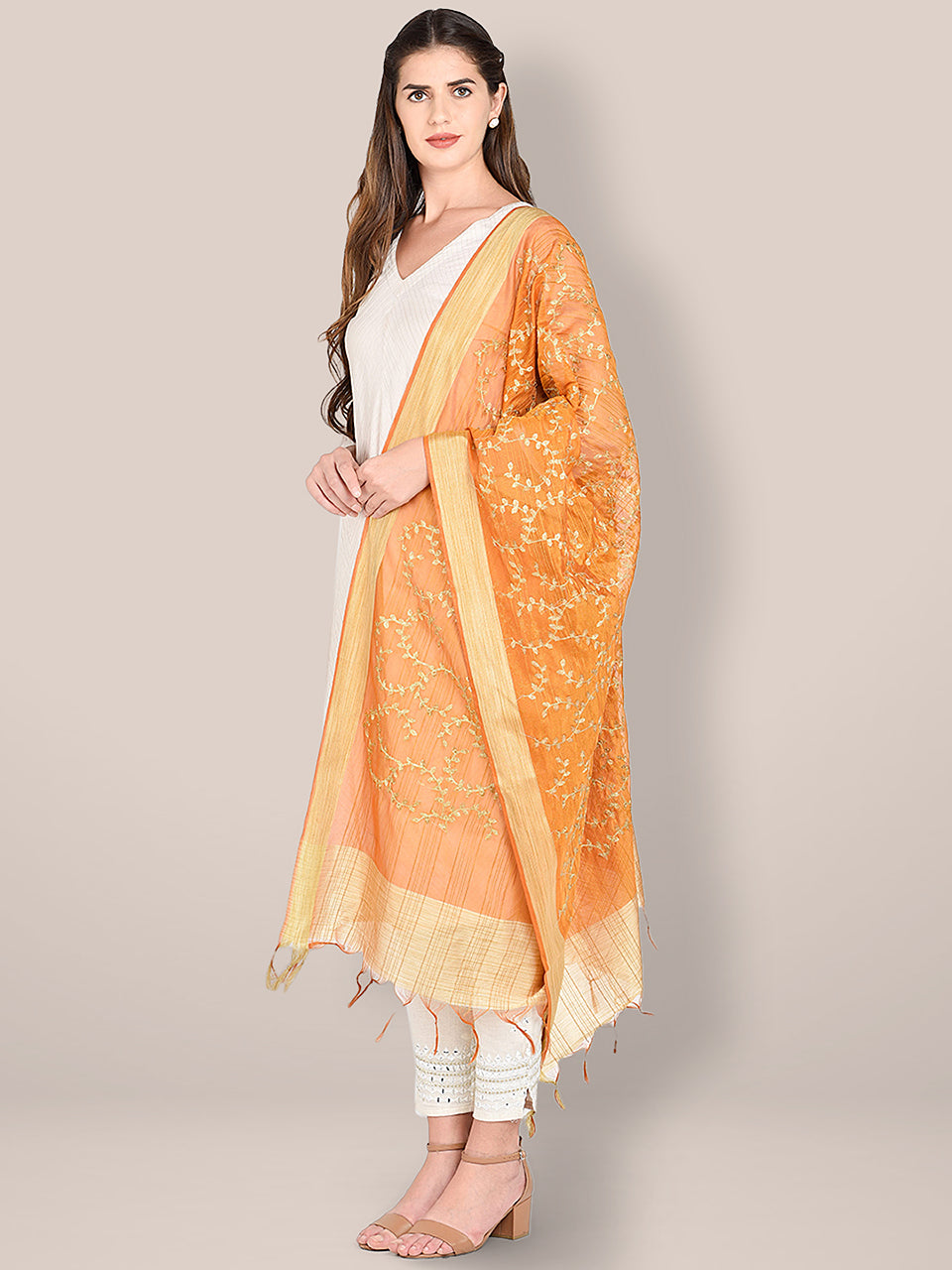 Embroidered Rust Blended Silk Dupatta. freeshipping - Dupatta Bazaar