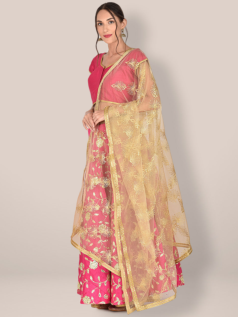 Embellished Gold Net Dupatta with ethnic Zari Motifs freeshipping - Dupatta Bazaar