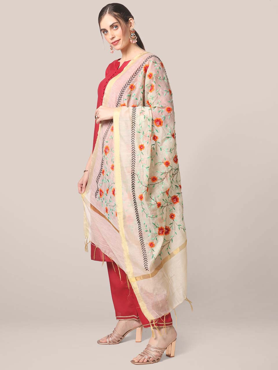 Cream Silk Dupatta with Multicoloured Floral Embroidery freeshipping - Dupatta Bazaar