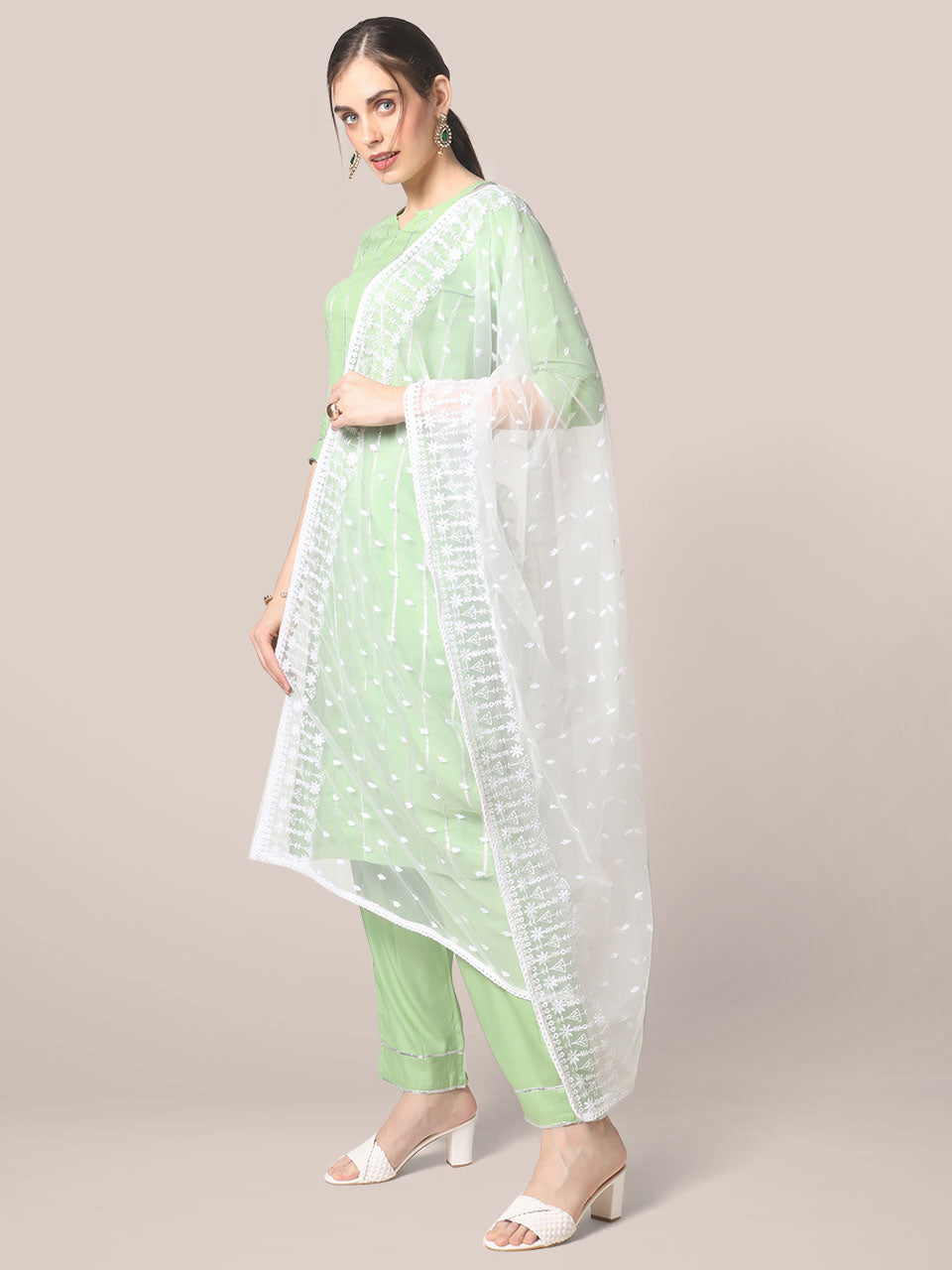 White Net Dupatta with Embroidery freeshipping - Dupatta Bazaar