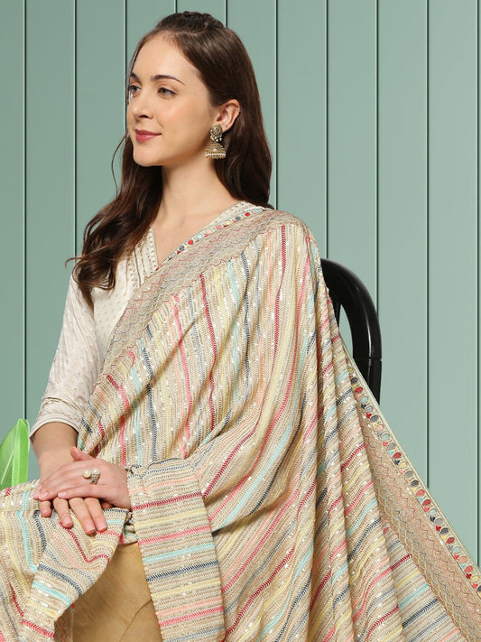 Pastel Green Striped Sequence & Pastel Embroidery Dupatta