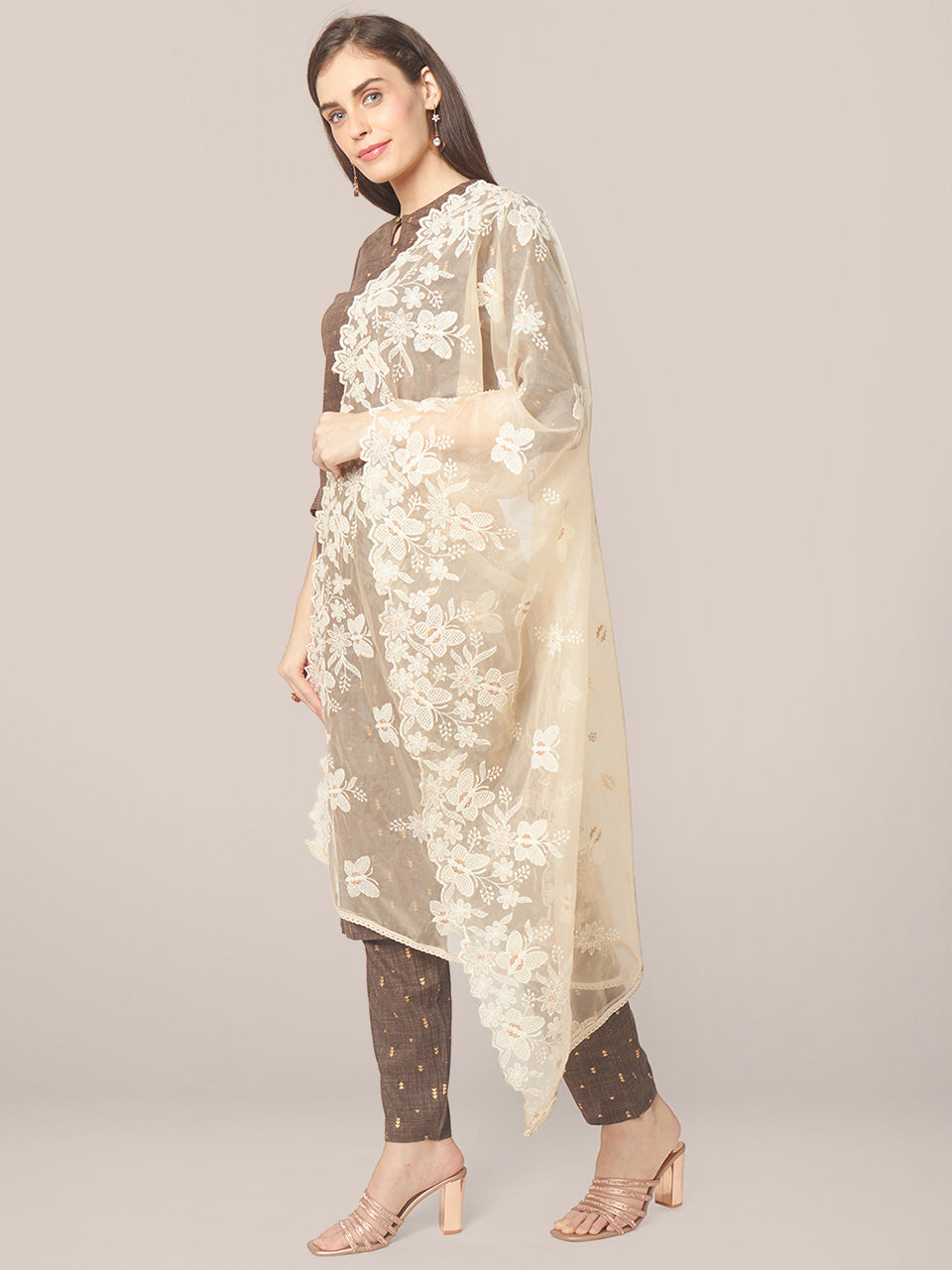 Beige Organza Dupatta with Butterfly Embroidery freeshipping - Dupatta Bazaar