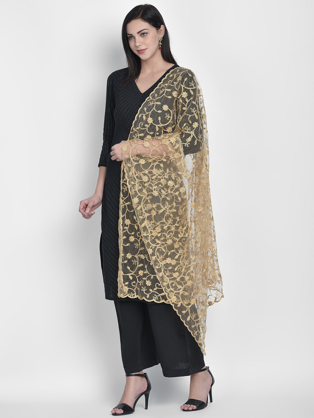 Dupatta Bazaar Woman's Gold Embroidered Net Dupatta - Dupatta Bazaar