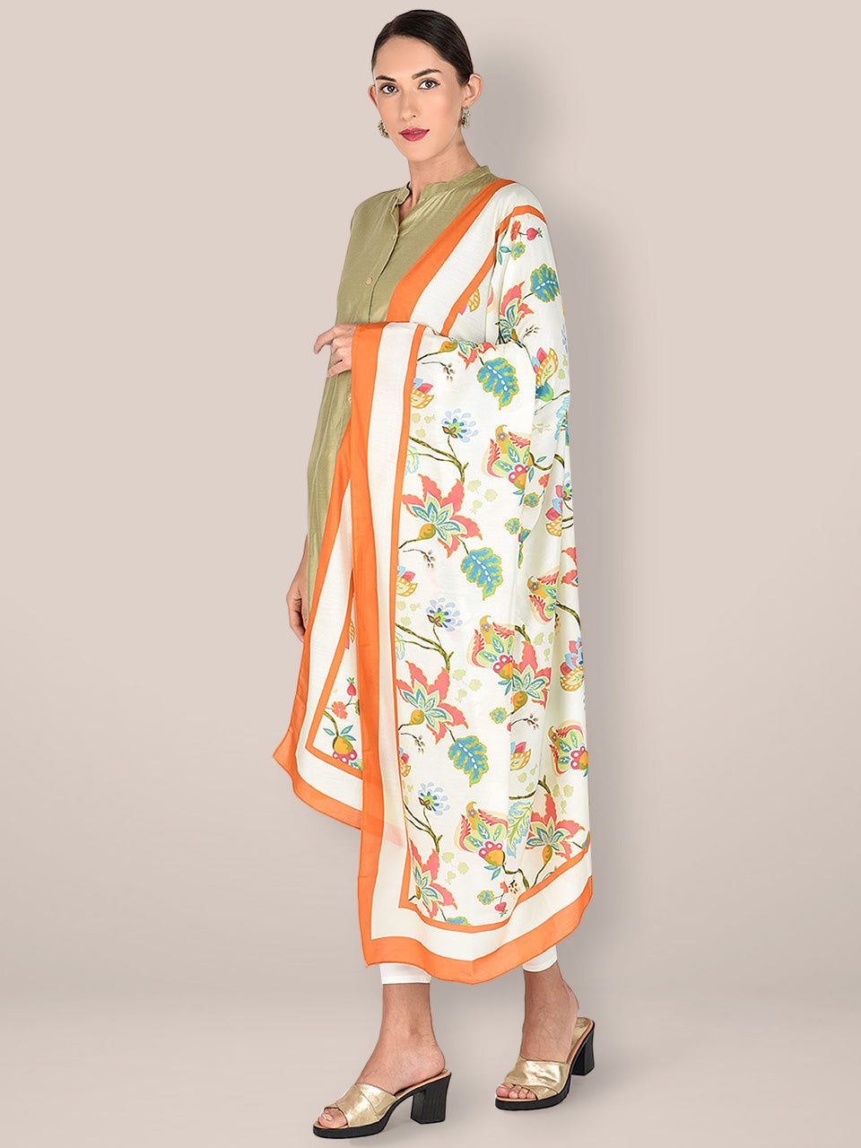 Printed Cream & Multicoloured Silk Dupatta freeshipping - Dupatta Bazaar