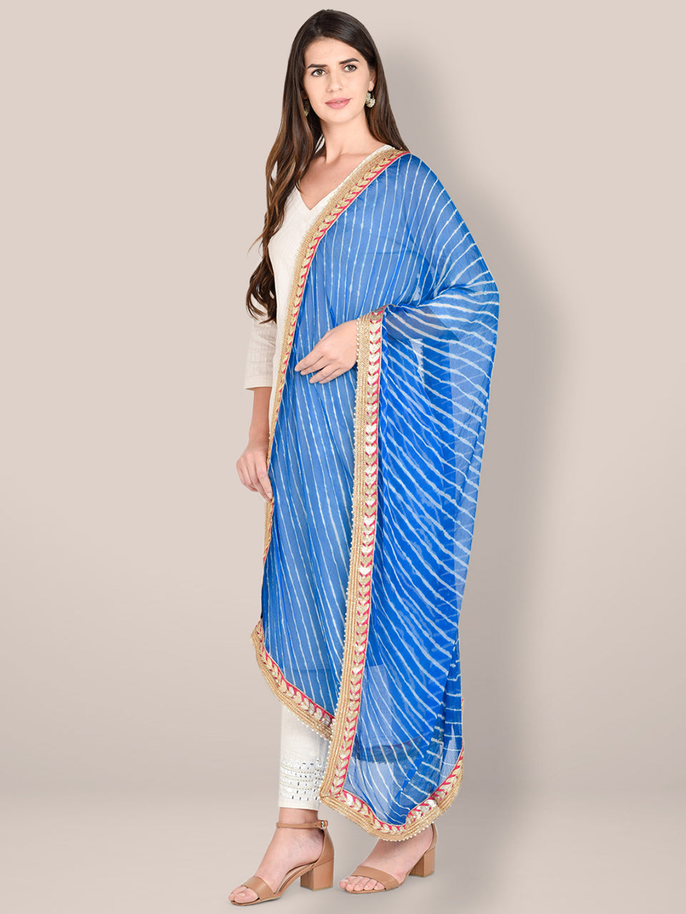 Blue Leharia Chiffon Dupatta with Gotta Patti Border freeshipping - Dupatta Bazaar