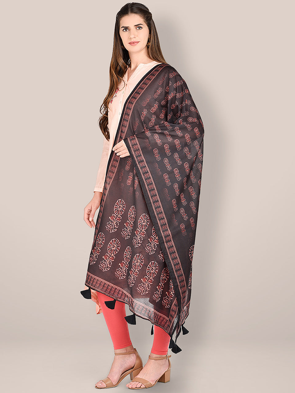 Black & Maroon Kalamkari Printed Blended Silk Dupatta. freeshipping - Dupatta Bazaar