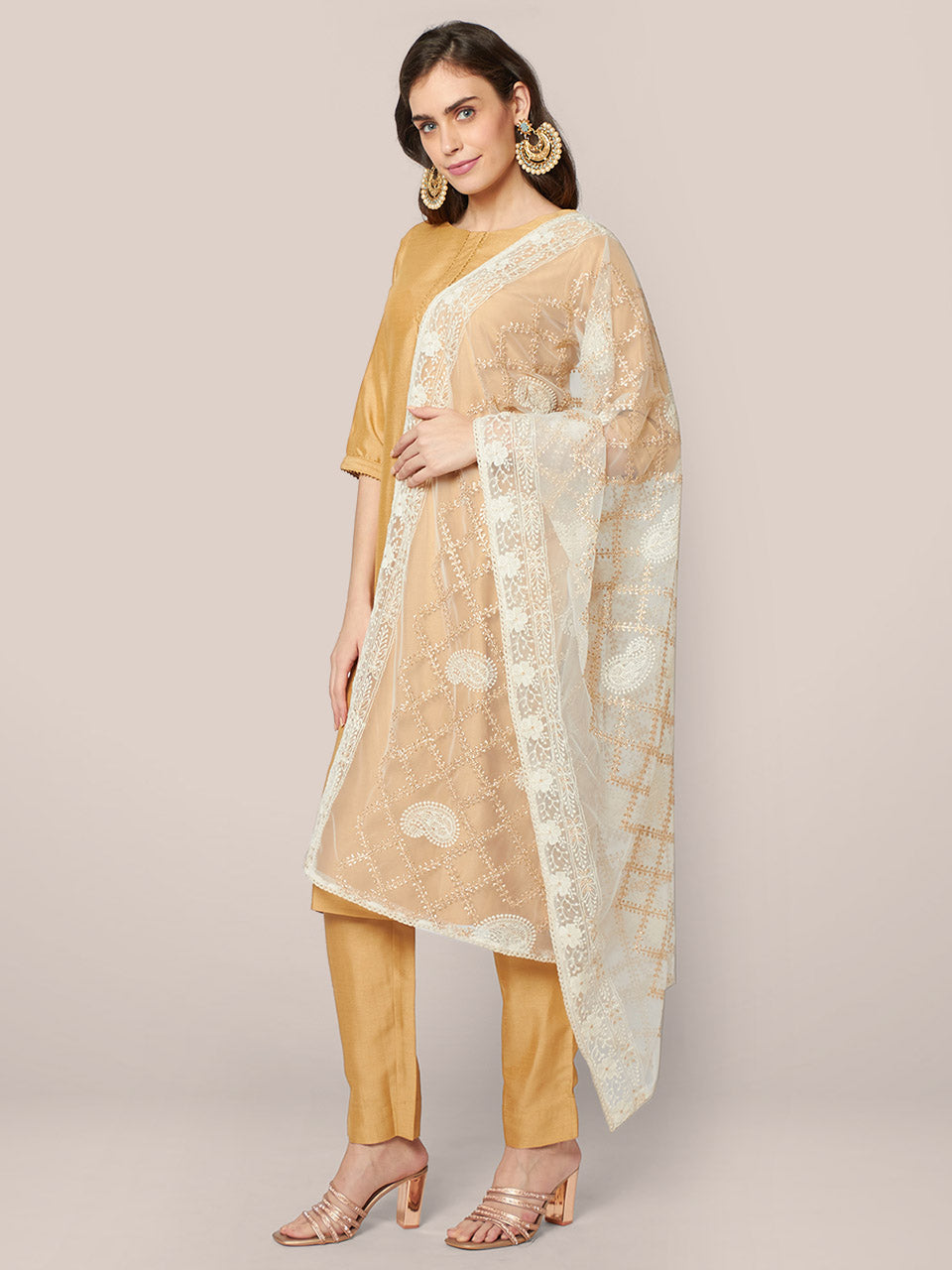 Cream Lucknowi Net Dupatta with Gold Embroidery freeshipping - Dupatta Bazaar