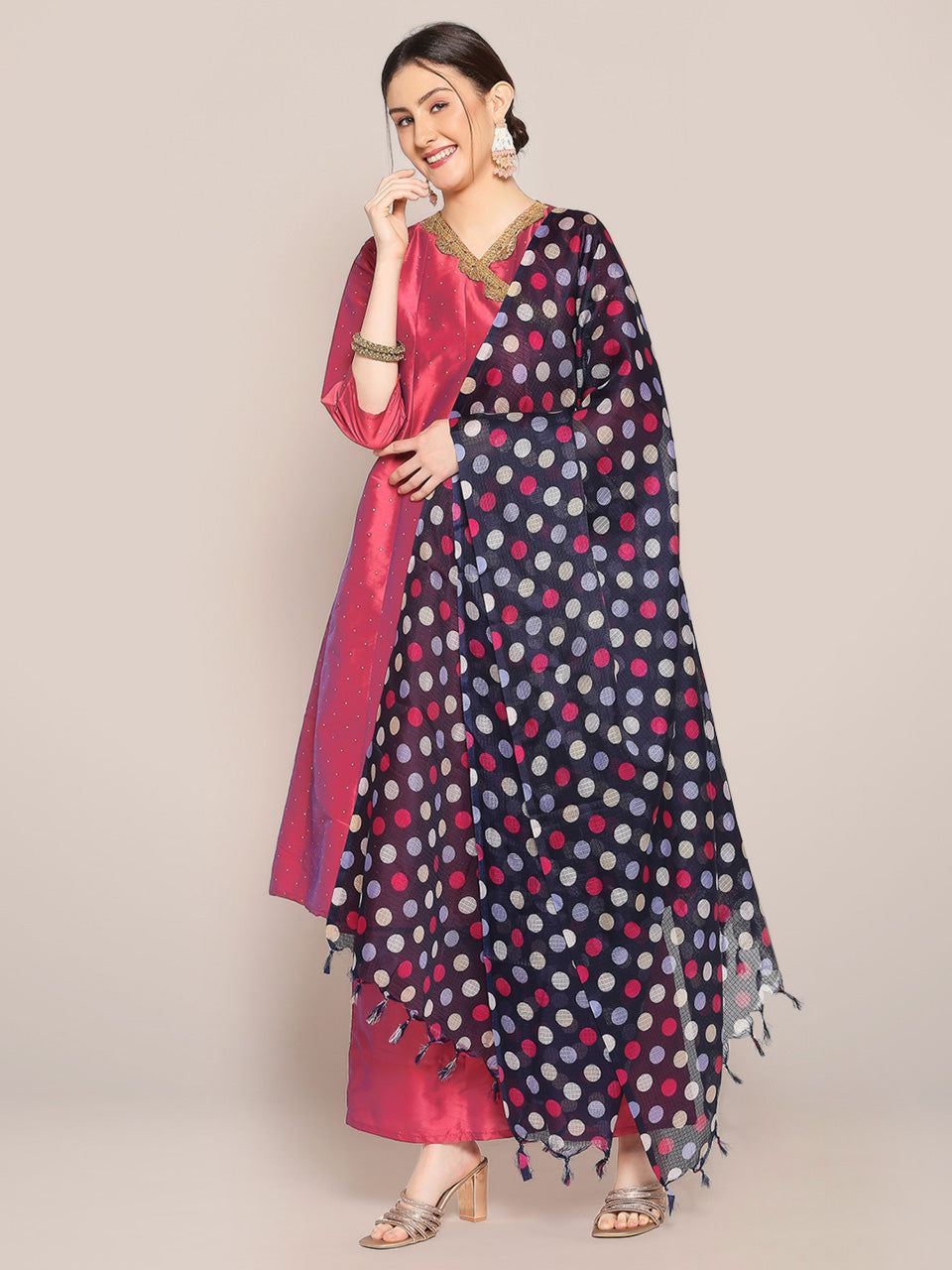 Polka Digital Printed Navy Blue & Pink Kota Doria Dupatta freeshipping - Dupatta Bazaar
