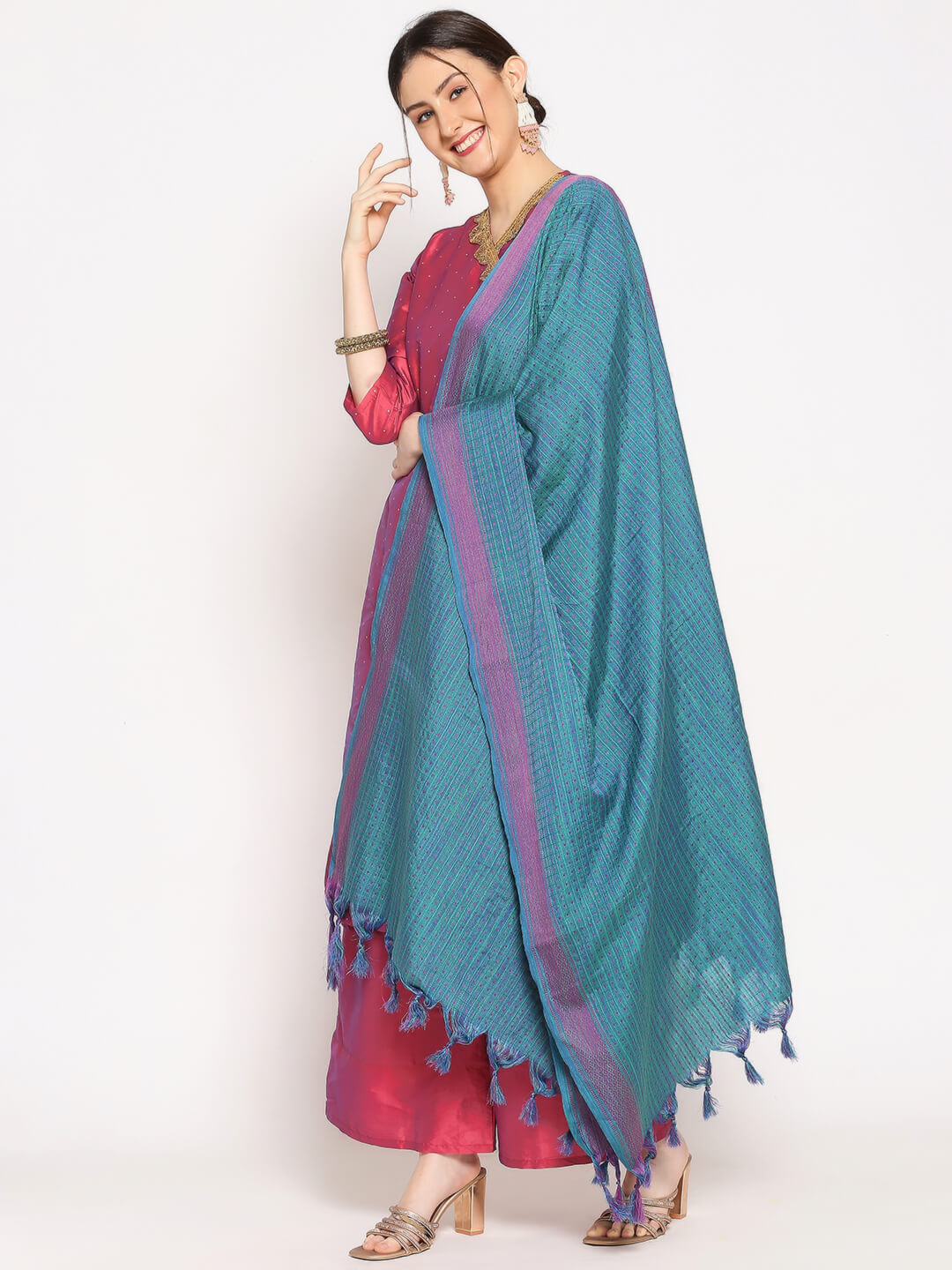 Woven Checkered Cotton Dupatta with Polka dots 