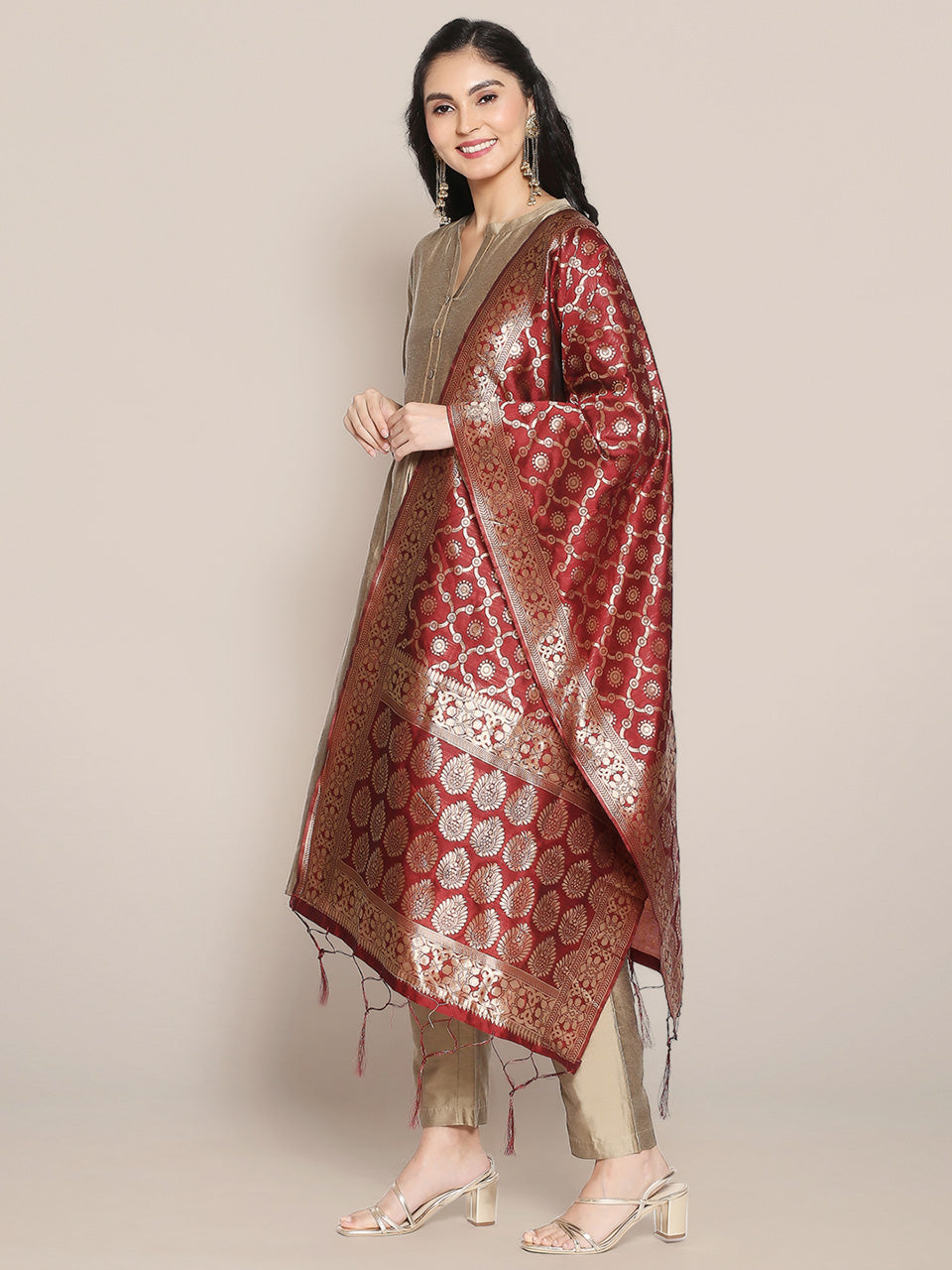 Maroon Banarasi Silk Dupatta with Bhandej design. freeshipping - Dupatta Bazaar