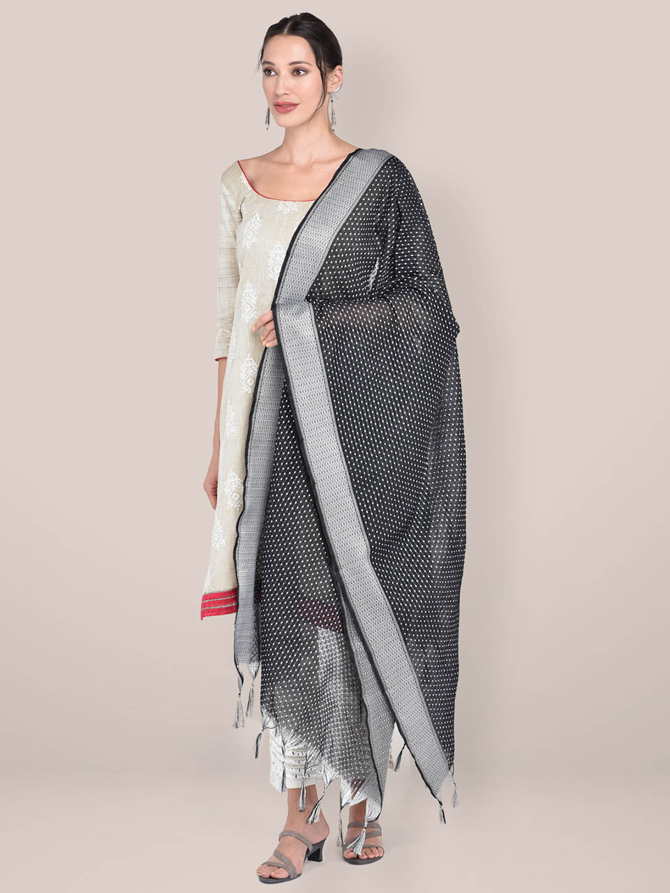Woven Black & White Cotton Chanderi Dupatta freeshipping - Dupatta Bazaar