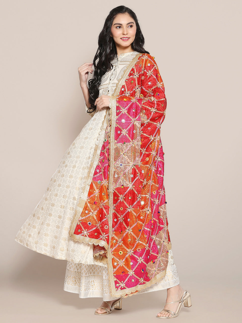 Multicoloured Embellished Phulkari Chiffon Dupatta freeshipping - Dupatta Bazaar