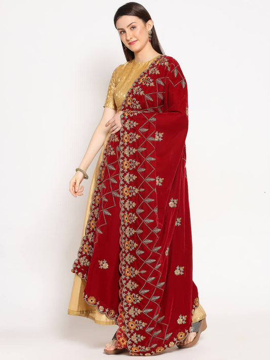 Marron  Dupatta with Mustard Embroidery & Cutwork Embroidery